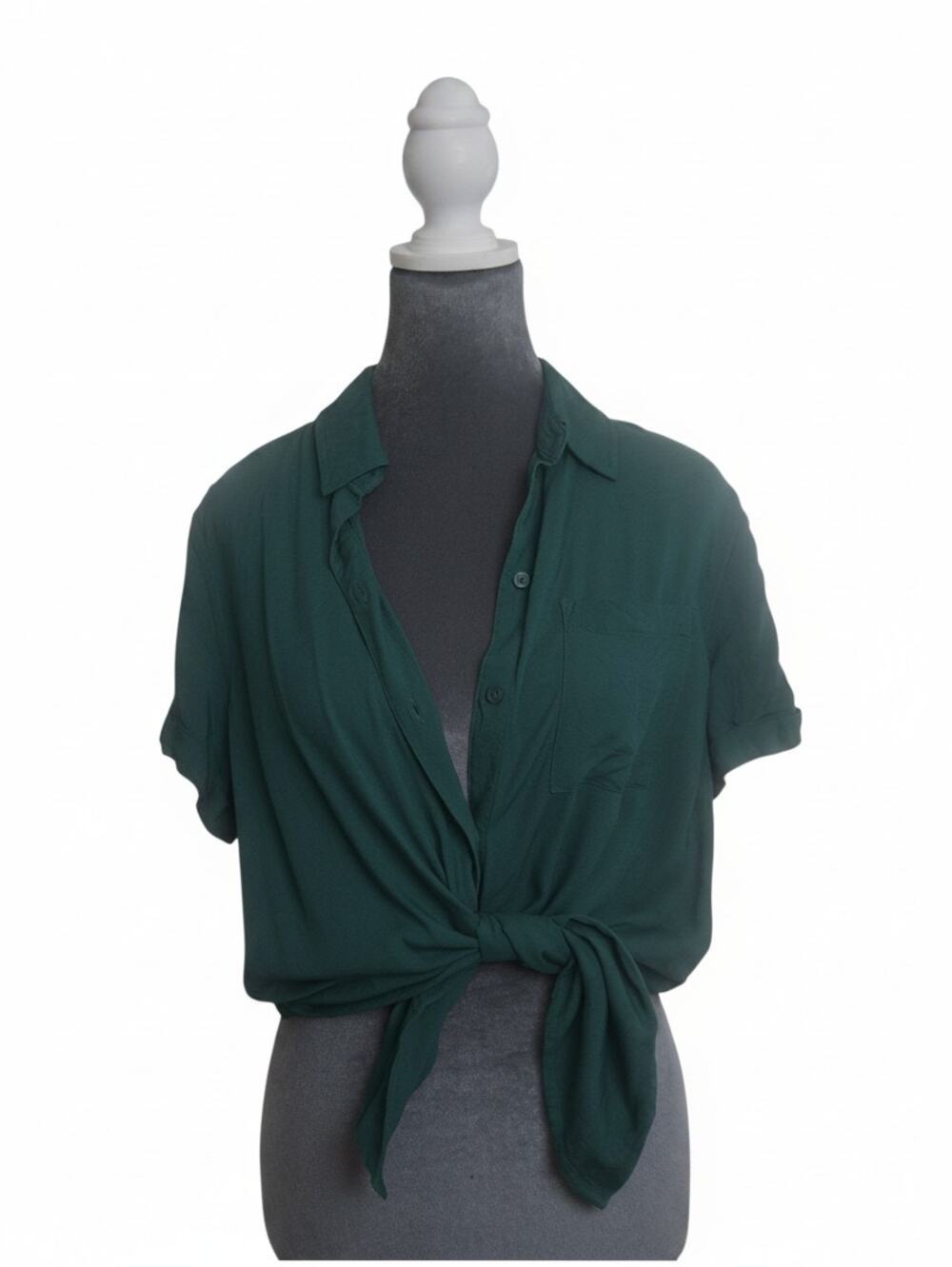 Croft & Barrow Dark Teal Rayon Button Down Shirt Women M Cuffed Sleeve Pocket